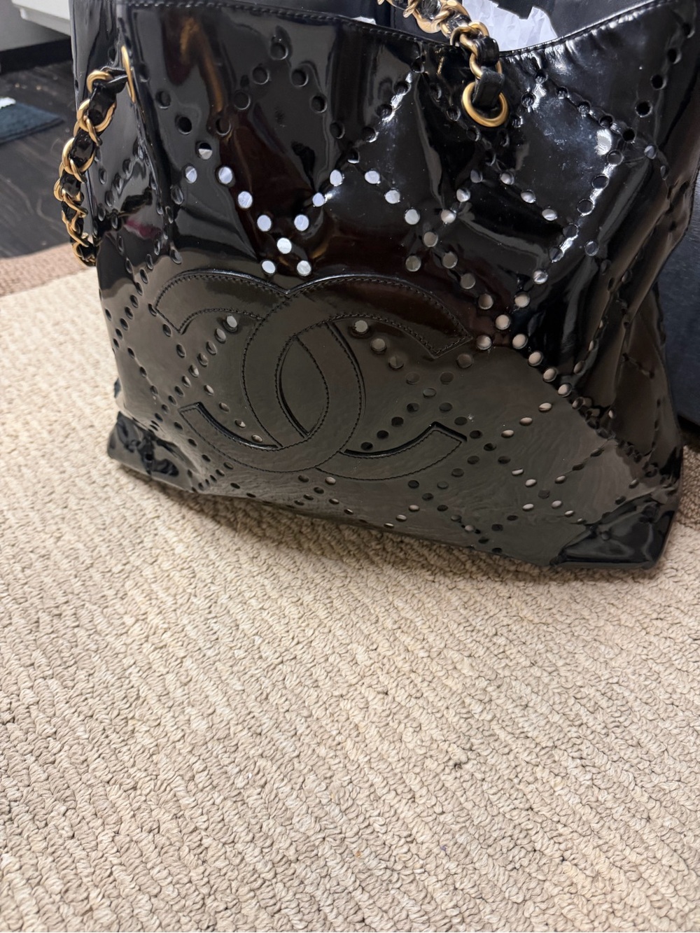 Black Patent Quilted Tote Bag with Chain Strap
